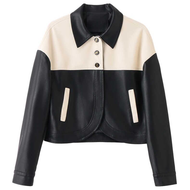 【】都市欲望圆领撞色皮衣秋季时尚百搭棒球服H624T13784,女装皮衣,江南女神