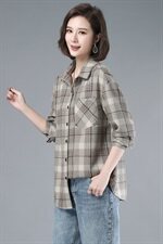 2021年春季自主图常规韩版长袖格子衬衫女磨毛衬衣外套，女装衬衫，伊满意