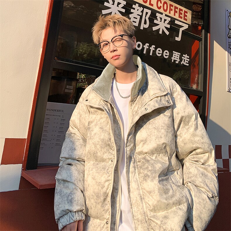 韩系男立领双拉链棉衣皮衣外套复古金属设计感大码棉服，男装皮衣，电商A020