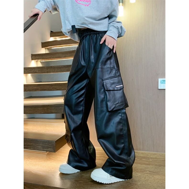 皮裤子男士韩版潮流高街帅气痞子口袋2025春季ins长裤K6115-P57，男装皮裤，星座412-1