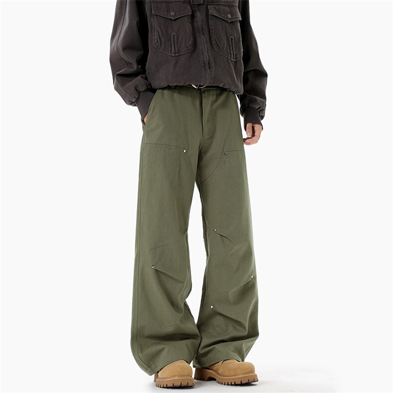 秋季纯棉复古做旧铆钉褶皱男宽松直筒伐木工装裤K5912-特P48控88，男装休闲裤，电商A001-1