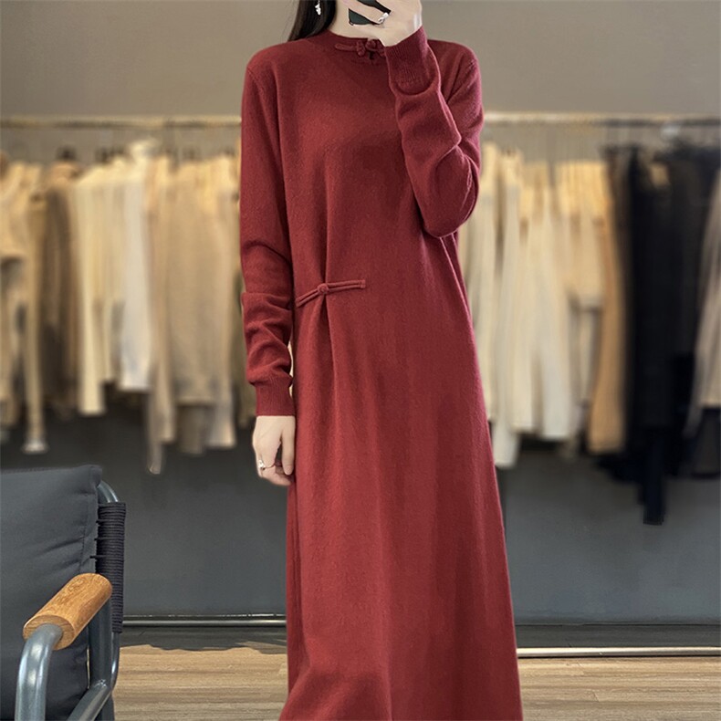 秋冬时尚盘扣显瘦长款过膝纯色简约百搭连衣裙,女装连衣裙,江南羊绒