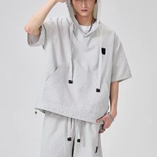 2025夏季新款男士短袖短裤时尚潮流百搭帅气宽松透气连帽休闲套装，男装牛仔裤，星座506A