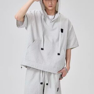 2025夏季新款男士短袖短裤时尚潮流百搭帅气宽松透气连帽休闲套装图片