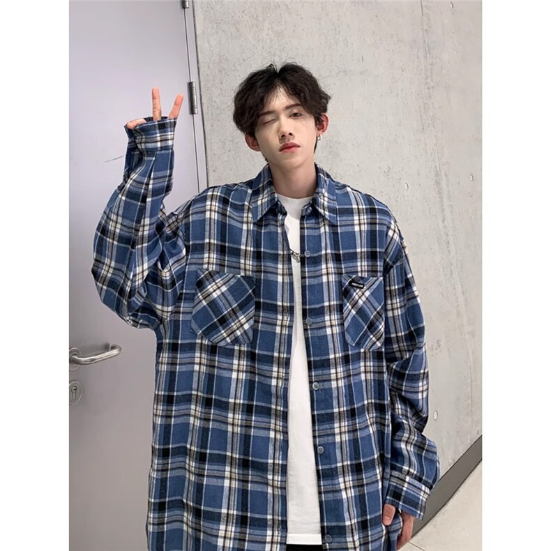蓝色格子衬衫男款美式复古外搭潮牌长袖衬衣cleanfit外套CS08,男装衬衫,星座208-5