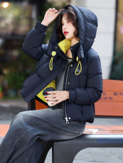 藏青色休闲连帽短款羽绒服女2025冬季新款宽松加厚保暖白鸭绒外套，女装羽绒服，歌伊格美