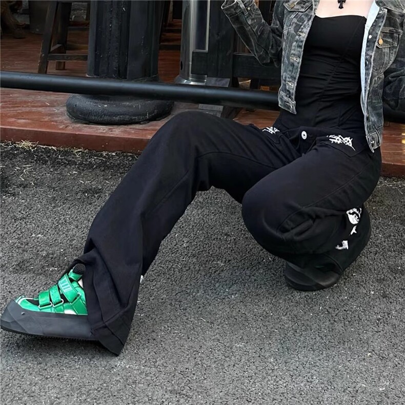 美式复古小众黑色水洗牛仔裤男女高街潮牌设计感排扣阔腿休闲长裤,男装牛仔裤,四季星座505