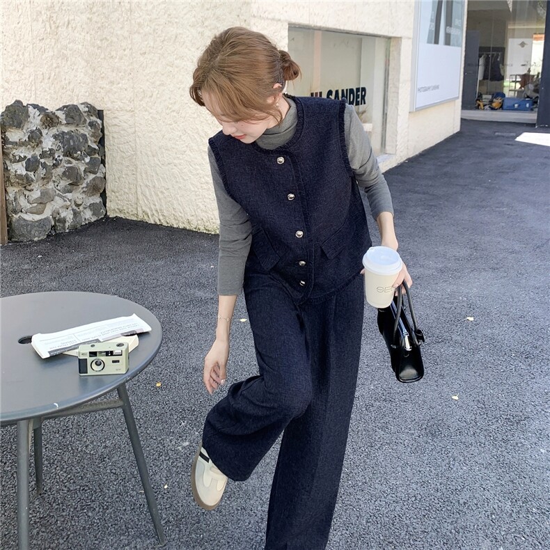 气质套装松弛感深蓝色马甲内搭裤子套装女秋，女装套装/套裙，浙宝B116