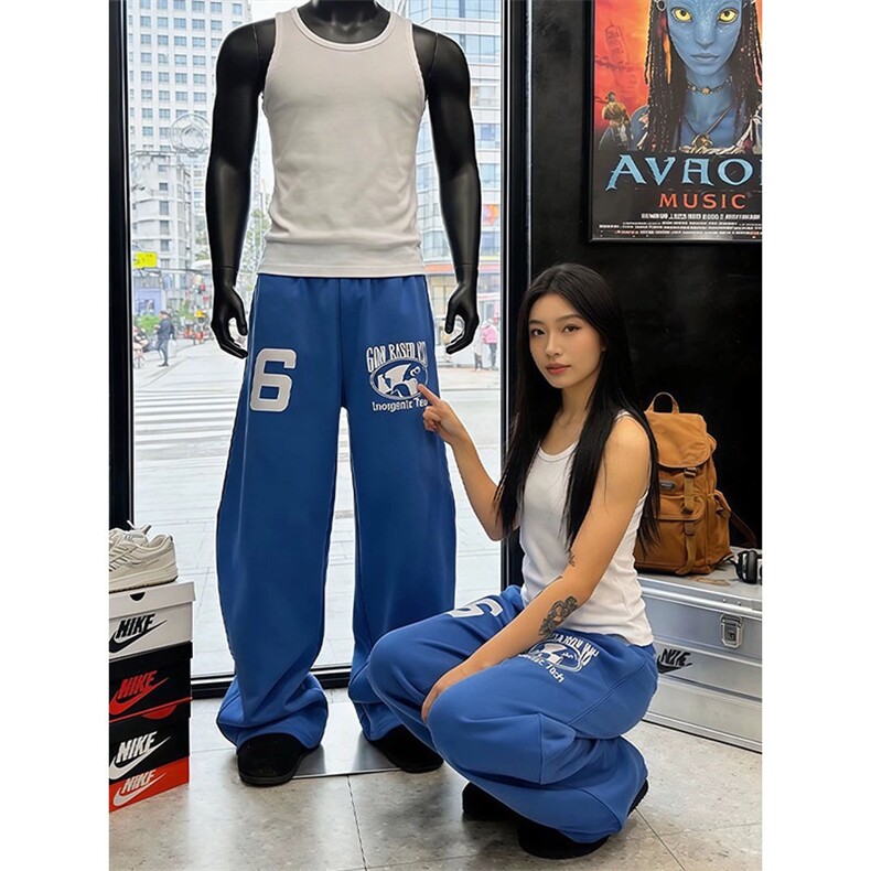 美式字母蓝色卫裤男女网红洋气宽松显瘦直筒阔腿休闲裤,男装休闲裤,星座302B