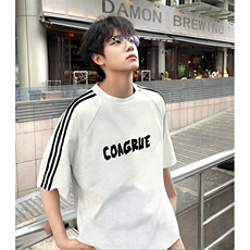 抖音得物高品质二开240克宽松纯棉美式潮牌三条杠织带短袖T恤，男装T恤，电商A486
