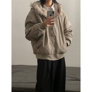 美式复古短款毛领座山雕外套男款冬季cleanfit解构连帽厚夹克棉服图片