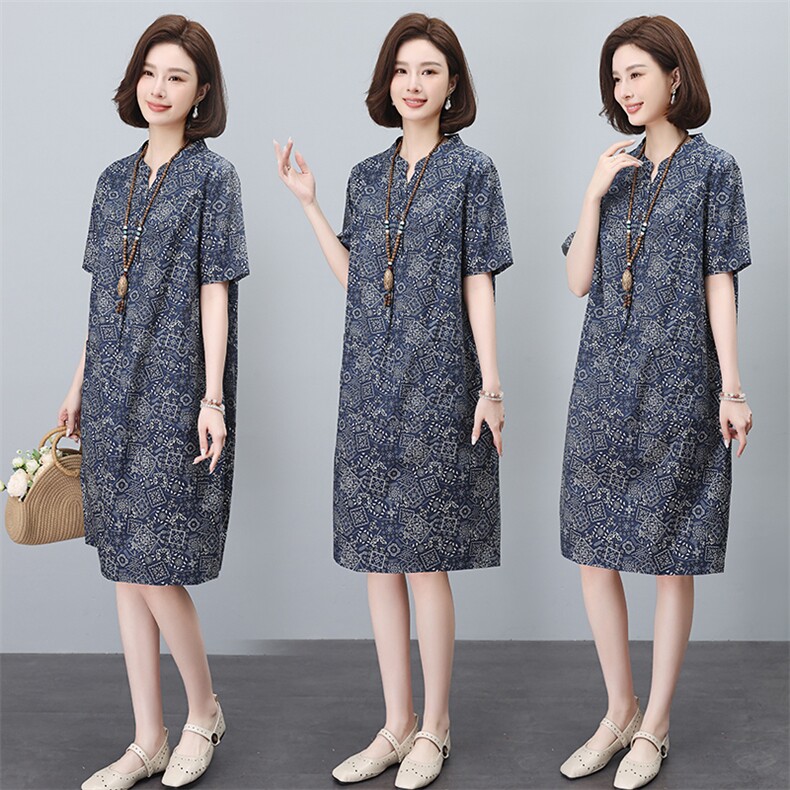 妈妈复古印花高端精致减龄连衣裙女士2024夏季宽松显瘦贵夫人裙子，女装连衣裙，依恋蒂丝