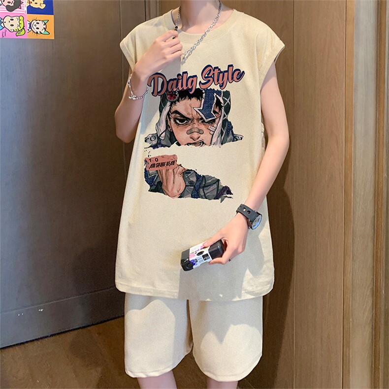直播品质美式宽松纯棉背心无袖t恤短裤大码两件套套装TZ13-P58,男装T恤,电商A486
