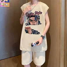 直播品质美式宽松纯棉背心无袖t恤短裤大码两件套套装TZ13-P58，男装T恤，电商A486