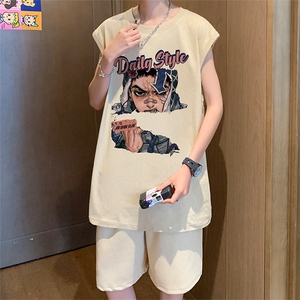 直播品质美式宽松纯棉背心无袖t恤短裤大码两件套套装TZ13-P58