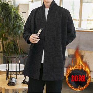 中国风冬款无扣风衣纯色中国风开衫长袖亚麻外套加绒汉服D582P95图片
