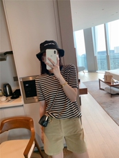 针织t恤女春夏薄款套头条纹短袖宽松五分袖圆领，女装T恤，沐策羊绒