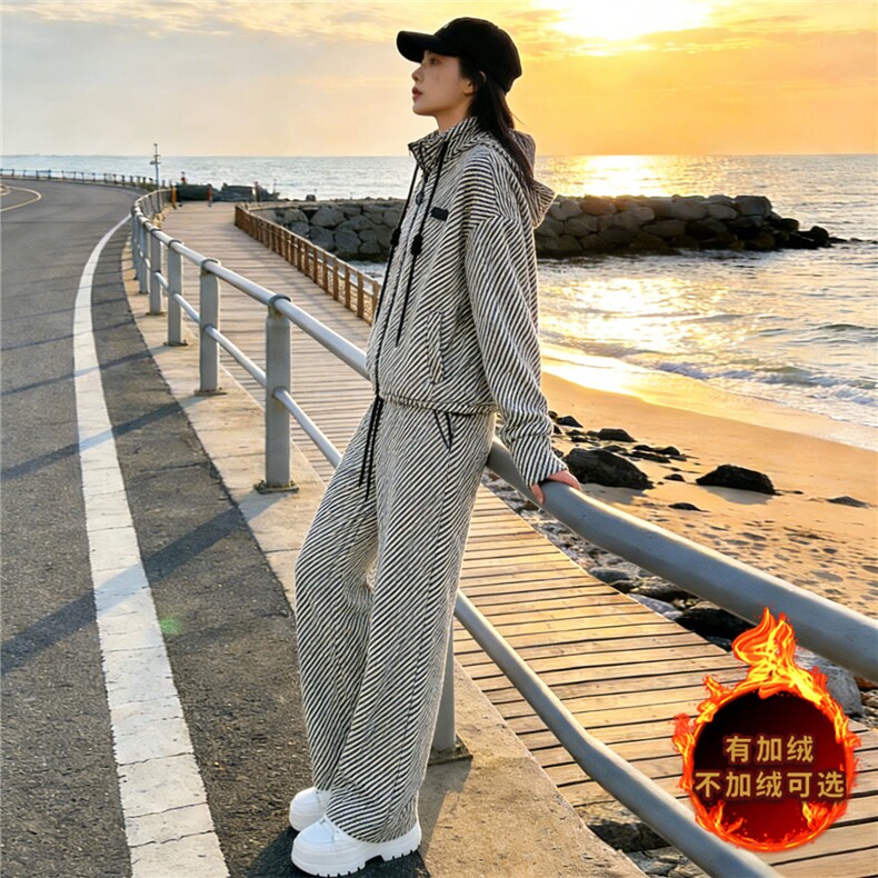 欧货洋气减龄时尚套装女秋冬新款立领拉链开衫卫衣阔腿长裤两件套,女装套装/套裙,江南