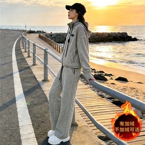 欧货洋气减龄时尚套装女秋冬新款立领拉链开衫卫衣阔腿长裤两件套图片