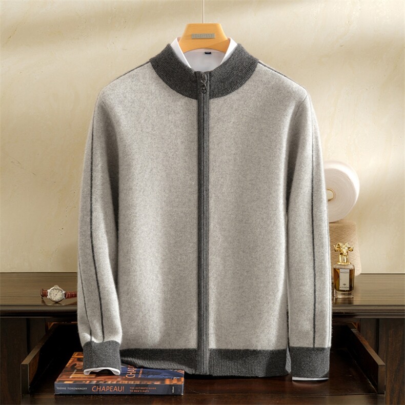 2025年秋季衬衫领时尚百搭通勤简约休闲撞色提花半高领开衫，男装羊绒开衫，雪贝坊一店