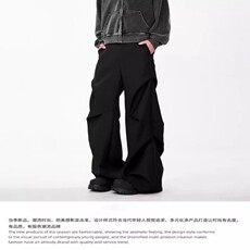 美式小众褶皱伞兵裤男女宽松阔腿休闲微喇长裤子高级感黑色西裤潮，男装西裤，星座218-8