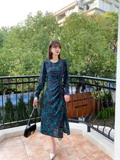 改良旗袍收腰显瘦印花时尚气质高雅修身圆领连衣裙，女装汉服/婚纱/旗袍/礼服，荷塘月色