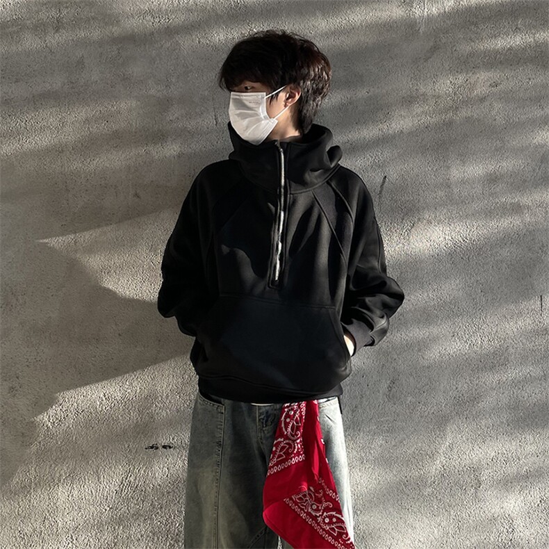 抖音得物二开美式重磅宽松结构拉链设计防风高领连帽卫衣外套W76,男装卫衣,电商A486-1