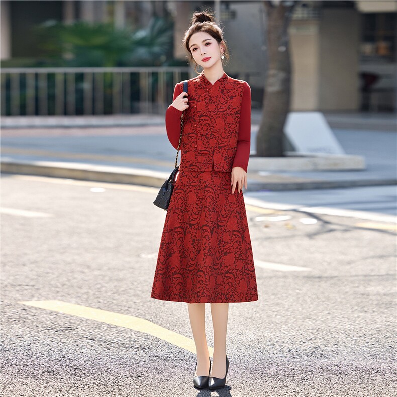 2026年春季新款女装时尚气质新中式提花三件套婚礼红色晚宴会礼服,女装套装/套裙,关键词