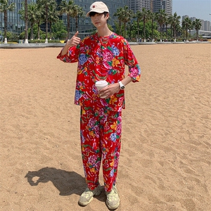 TZ340男士夏新风大花布套装大码宽松凉爽透气民族风个性外套图片