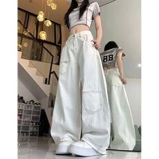 美式复古明线白色弯刀牛仔裤男女2025款宽松阔腿长裤子W2501P38，男装牛仔裤，星座1112-1