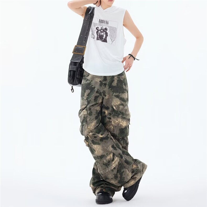 美式街头小众设计感重工迷彩工装裤多口袋水洗直筒裤TE312P95,男装工装外套,星座1013-1