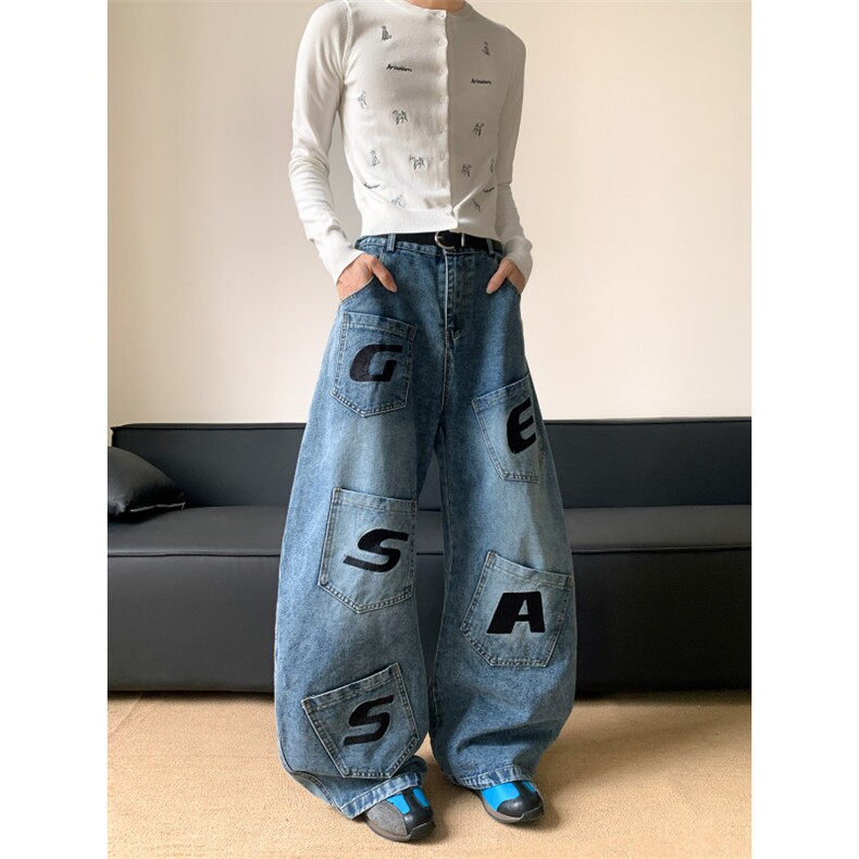 美式字母刺绣多口袋水洗弯刀牛仔裤男高街宽松阔腿长裤N0738-P55,男装牛仔裤,星座308B-2