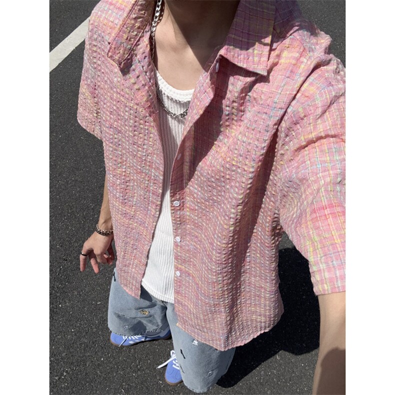 B221美式ins高街宽松薄款泡泡格短袖衬衫SY2548-特P35控59,男装T恤,电商B221
