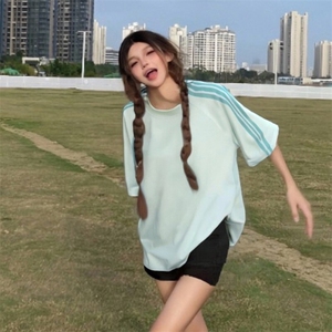 抖音得物品质二开240克宽松纯棉美式潮牌印花三条杠中性风短袖T恤