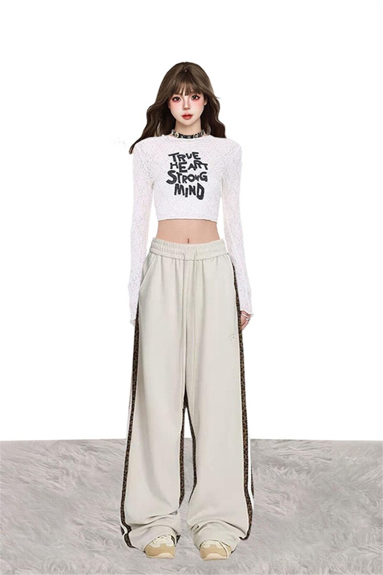 豹纹拼接卫裤女春秋2025新美式嘻哈宽松潮牌设条纹运动直筒休闲裤,女装休闲裤,星座505-2（原电商A260-1)