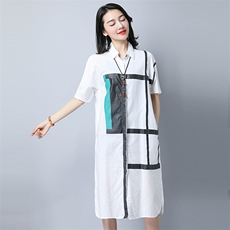 中长款短袖2021年夏季排多扣方领麻连衣裙纽扣口袋，女装连衣裙，独衣靓