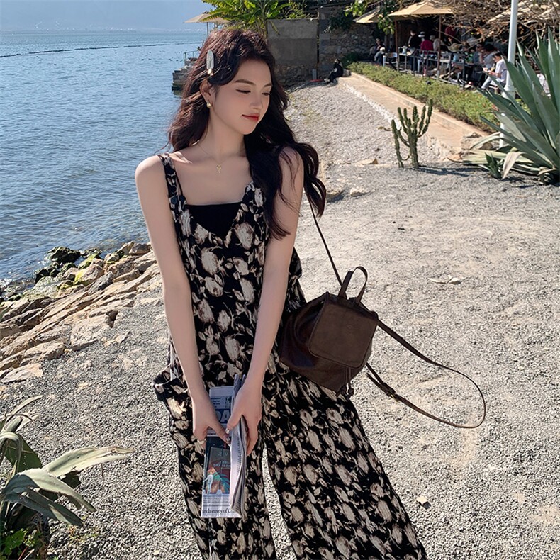 大码法式碎花背带裤女2024胖mm夏季浪漫海边度假垂附感阔腿连体裤，女装连体裤，浙宝276（原081）