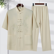 2025夏季薄款高端风绣花冰丝短袖衬衫唐装汉服套装9038-P95，男装衬衫，星座1105-3