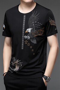夏季青年男士短袖T恤丝光棉圆领休闲印花冰丝中年男上衣半袖P34图片
