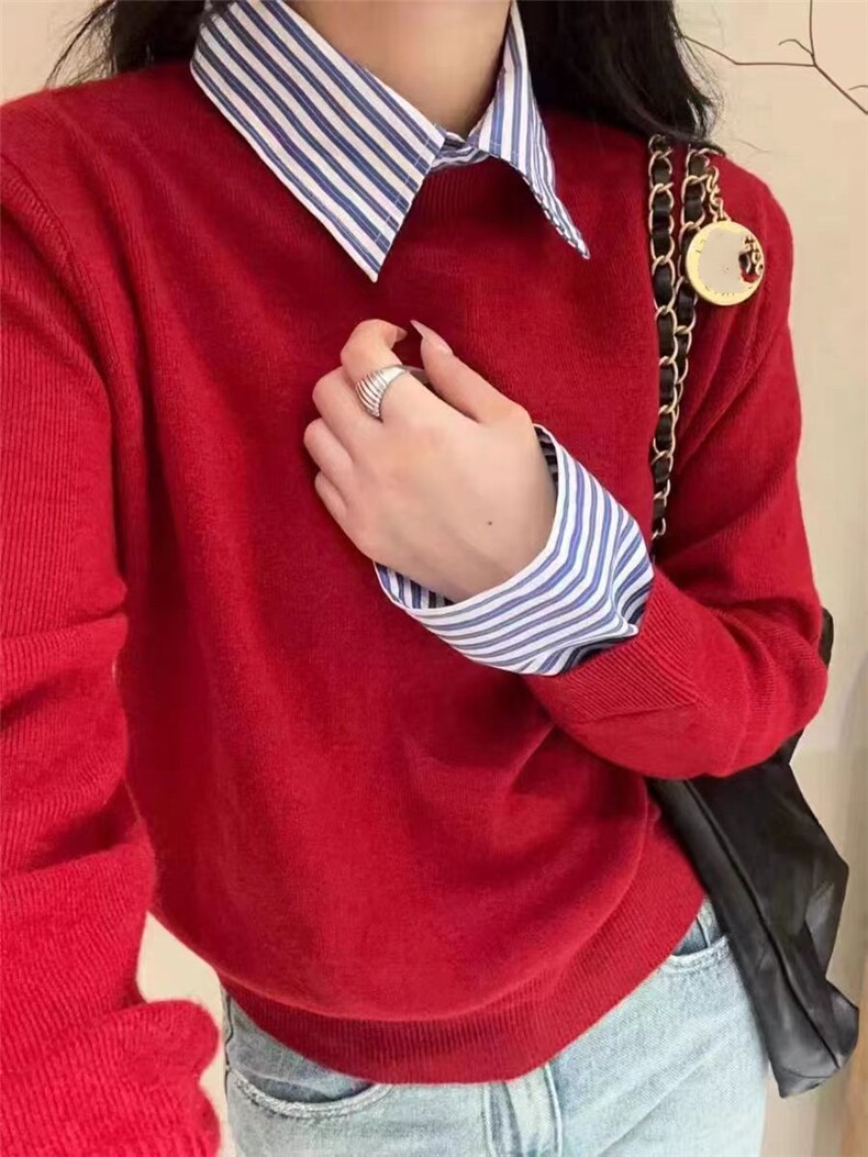 时尚百搭拼接假两件套头衫经典衬衣领设计优雅显瘦羊毛衫,女装羊毛衫,圣旺供货