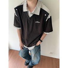 夏季男款假两件条纹衬衣领短袖拼接衬衫T恤时尚潮牌短T，男装T恤，星座1013