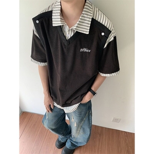 夏季男款假两件条纹衬衣领短袖拼接衬衫T恤时尚潮牌短T图片