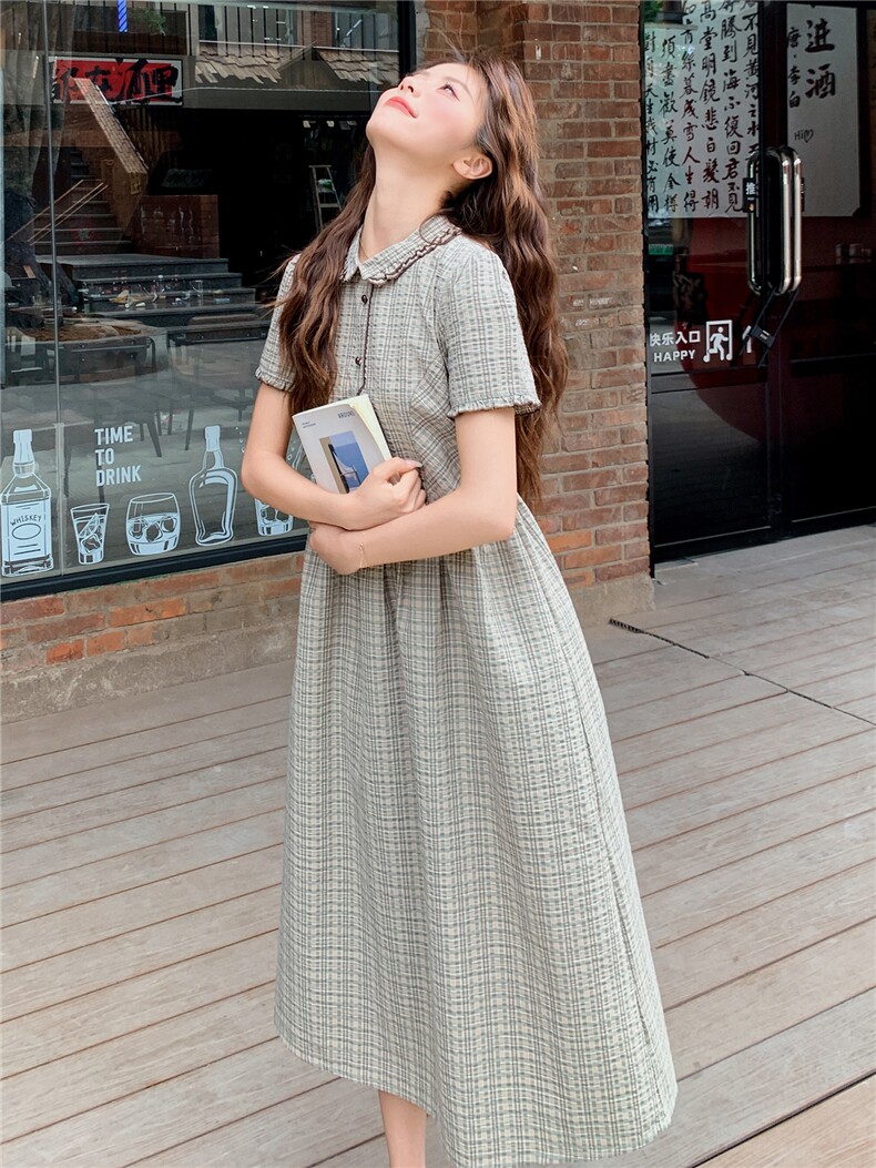 学院风格纹连衣裙女春夏收腰显瘦中长裙格子裙子,女装连衣裙,衣秀之家