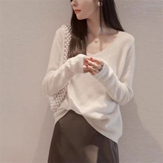 秋冬季新款舒适显瘦时尚百搭纯毛亮丝V领针织衫，女装羊毛衫，恒恩羊绒