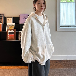 韩版宽松休闲连帽加绒卫衣外套女秋冬重磅痞帅简约纯色双拉链开衫图片