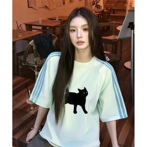 抖音得物品质二开240克宽松纯棉美式潮牌印花三条杠中性风短袖T恤图片