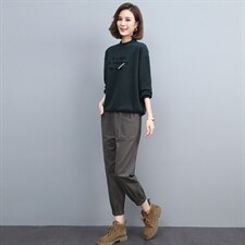 2022春季新款简约时尚圆领字母植绒印花宽松休闲舒适两件套,女装套装/套裙,丽影随形