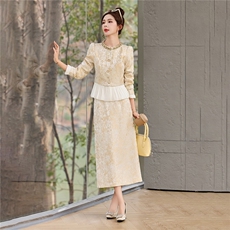 新款春季优雅高端大气提花收腰气质两件套，女装套装/套裙，布芭啦