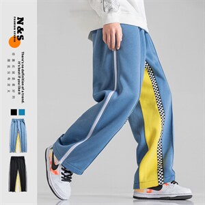 2025春夏新款侧边拉链拼接格子直筒裤休闲裤蓝 GK66-P65图片
