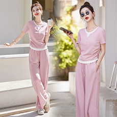 海贝小清新假两件短袖T恤上衣直筒裤两件套时尚套装夏季新款，女装套装/套裙，恋慕依尚